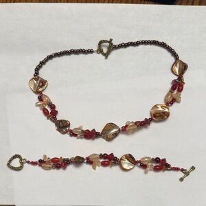 Handcrafted Red, Brown, and Gold Beaded Necklace & Bracelet Set